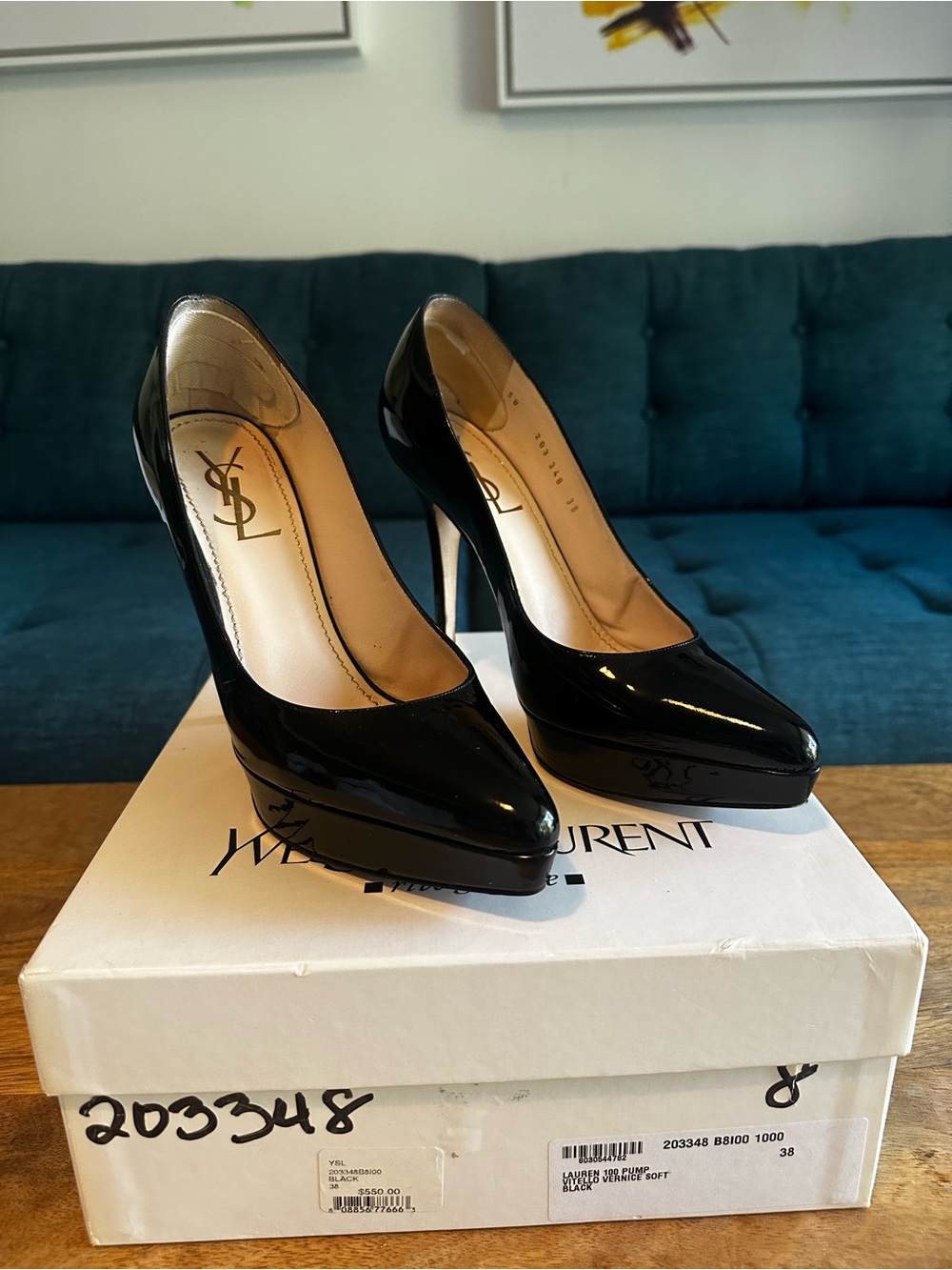 Authentic YSL Saint Laurent Black Patent Leather Platform Pointed Pumps